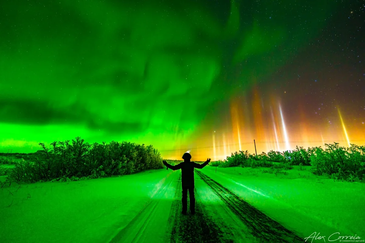 Aurora e pilares de luz, Noruega